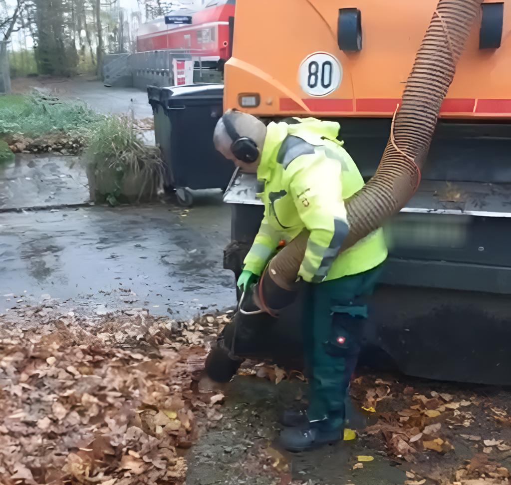 Arbeiter mit professioneller Ausrüstung saugt große Mengen Laub im Herbst auf, effiziente Herbstpflege.
